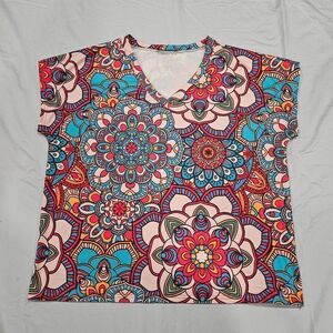 3/$15 IZURIA Blue & Pink Kaleidoscope Print Short-Sleeve V-Neck Top Size Large